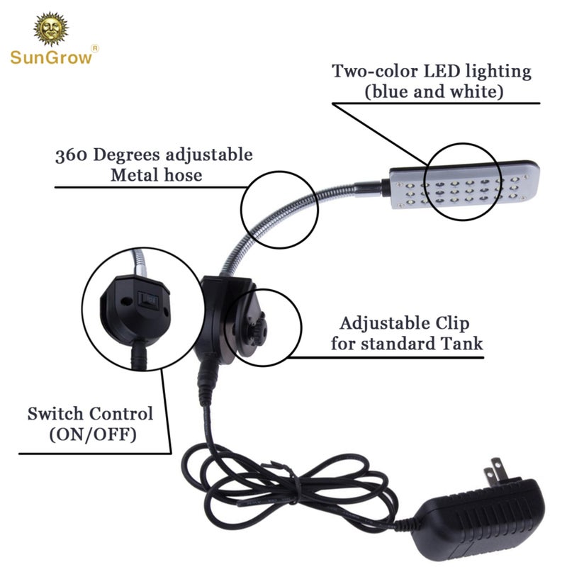 SunGrow ضوء LED لحوض السمك من SunGrow، 24 LED، أبيض وأزرق قابل للتعديل بزاوية 360° ذراع معدني مرن صغير لضوء حوض السمك، يمكن تركيبه على قفص الكلاب والقطط للأمان، رعاية الجراء والقطط الصغيرة - Image 3